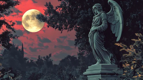 Moonlit angel statue watching over a crimson twilight sky.