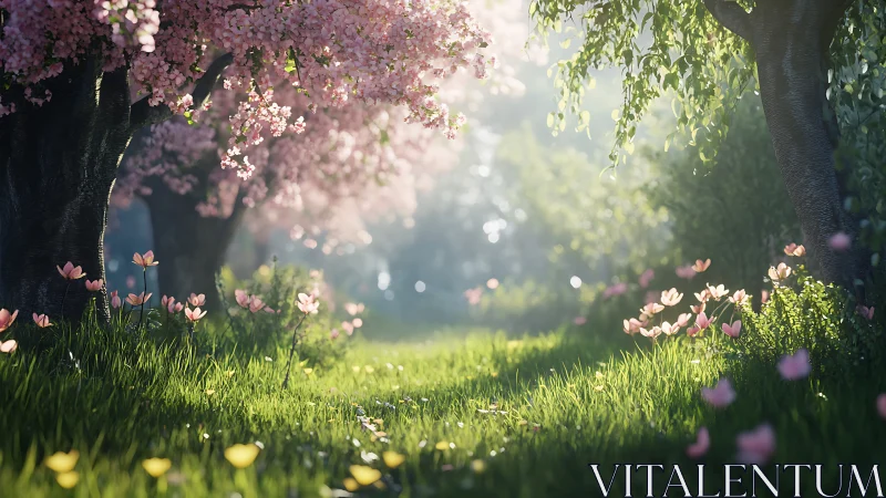 Sunlit cherry trees whisper softly over a dreaming meadow