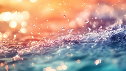 Glowing water droplets dancing in soft sunrise color light.