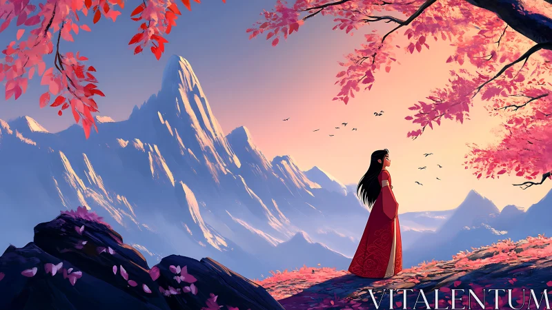 Woman in red dress beneath pink trees facing snowy peaks.