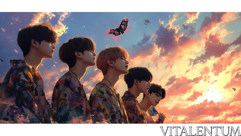 Sunlit youth silhouettes under iridescent cloudscape sky.