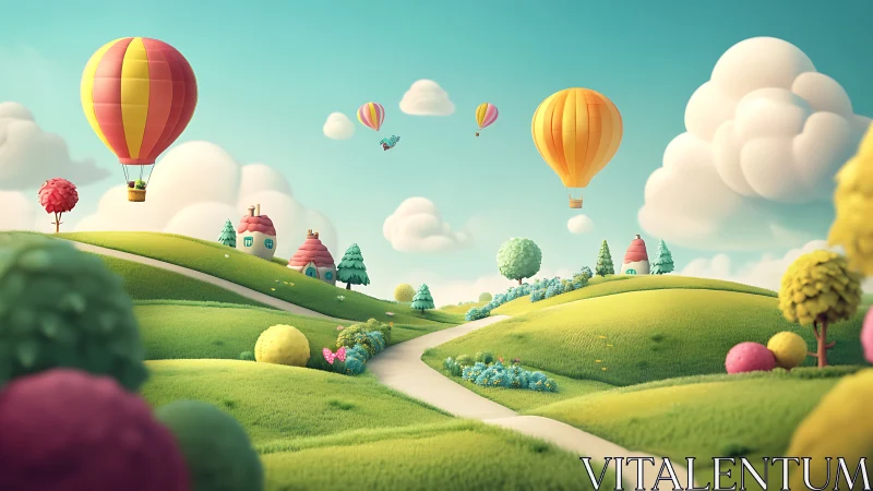 Playful hot air balloons drift over whimsical green hills