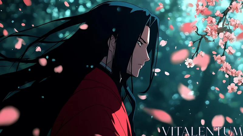 Anime profile portrait in drifting sakura bokeh field.