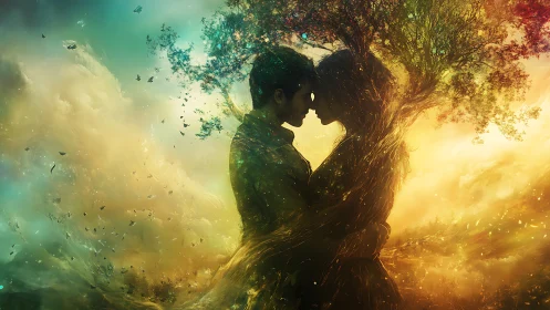Double Exposure Romance: Silhouettes Merged with Golden Natural Landscape.