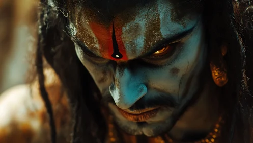 Chromatically intense deity visage with incendiary gaze detail.