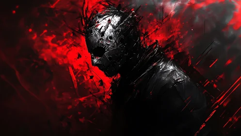 Brooding masked figure in swirling red and shadowed chaos.