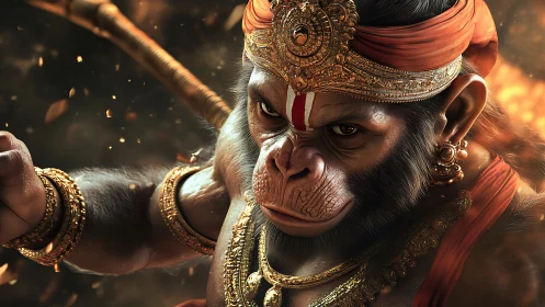 Radiant warrior monkey in divine gold and burning light.