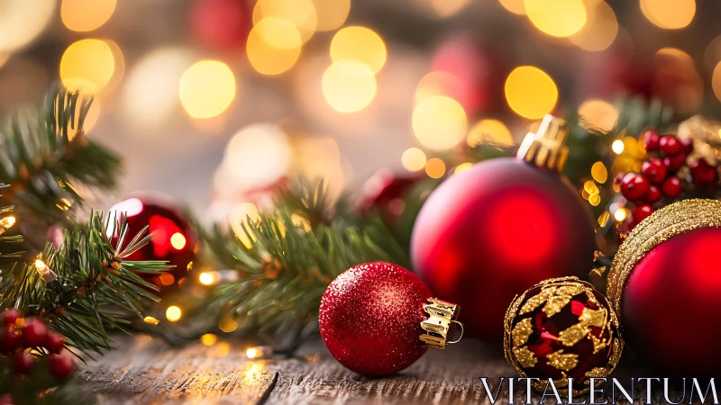 Crimson baubles bask under honeyed holiday twinkle lights.