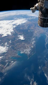 Orbital view records coastline, sea surface and docked module