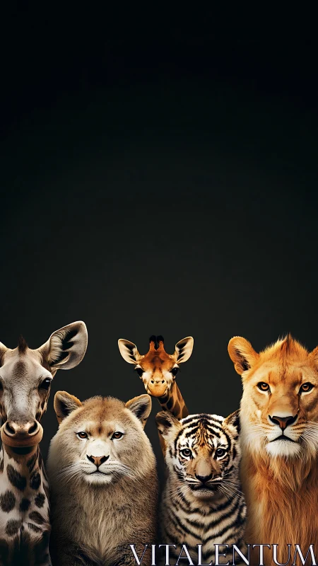 Portrait lineup of safari animals on dramatic black backdrop.