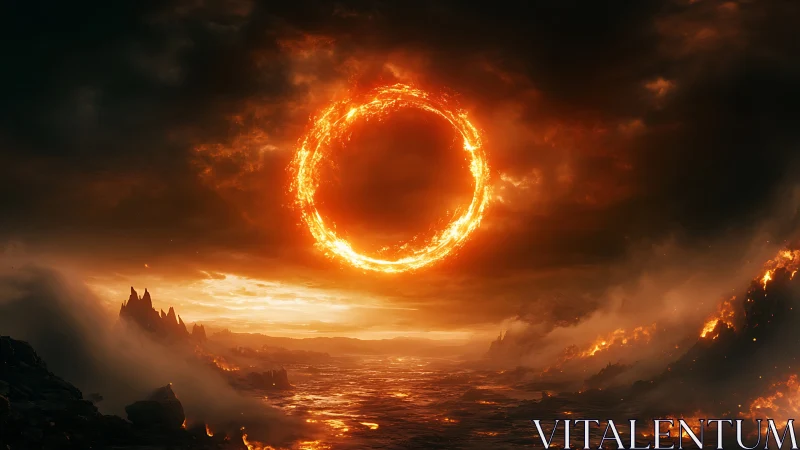 Apocalyptic Ring of Fire Above Desolate Landscape.