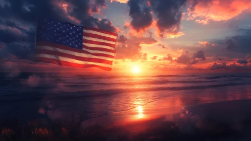 American flag composited over high-saturation ocean sunset scene