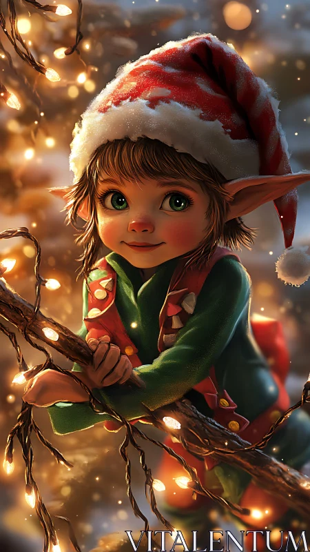 Spark eyed holiday elf tangled in golden fairy lights.
