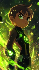 Energetic anime hero with neon green aura and glowing armor nodes