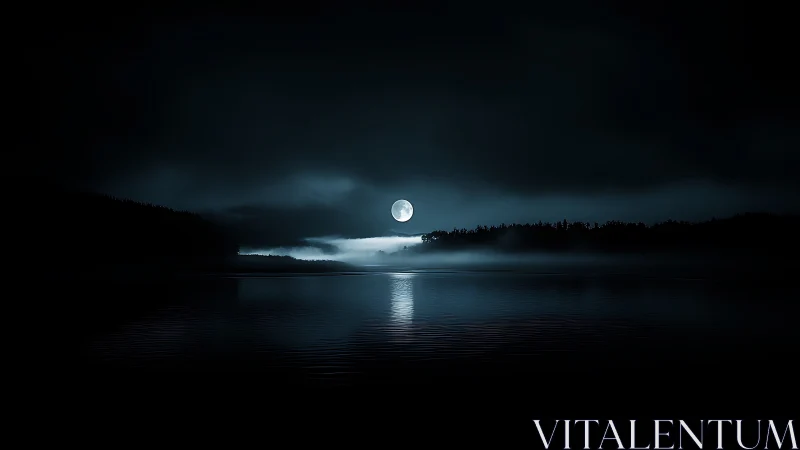 Lunar backlit fogbank over lacustrine horizon at nautical dusk.