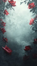 Red roses arranged in misty atmospheric garden with moody lighting