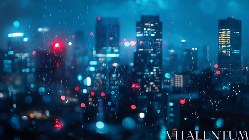 Rainy neon city skyline glows through blurred wet window