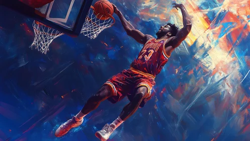 High-flying basketball dunk explodes through abstract color storm