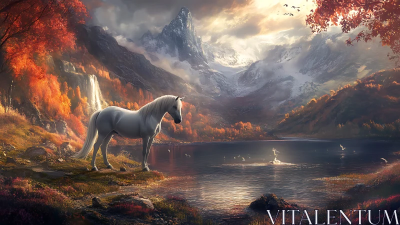 Gentle white horse pauses by a glowing autumn mountain lake