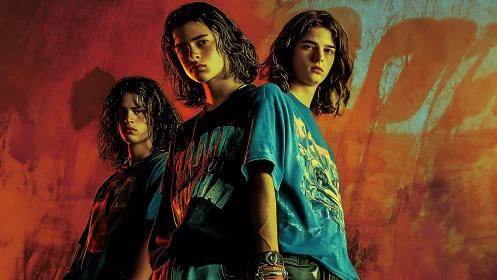 Neon-lit trio of teens against grungy painted backdrop.