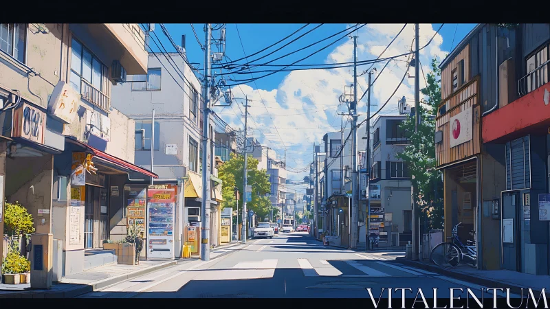 Quiet Japanese neighborhood street under clear blue sky.