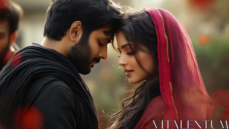 Intimate portrait of bearded South Asian couple in traditional maroon headwear against soft bokeh