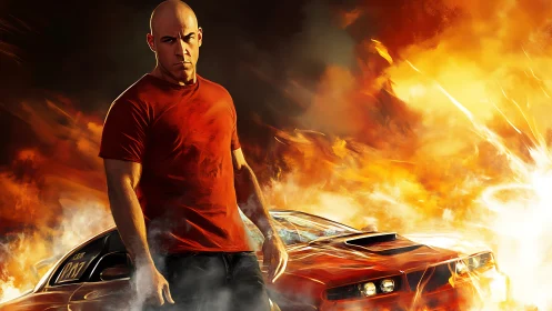 Digital painting of driver hero with muscle car amid explosions.