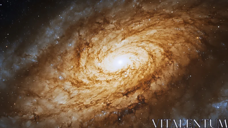 Golden spiral galaxy core glows within dense dust arms.