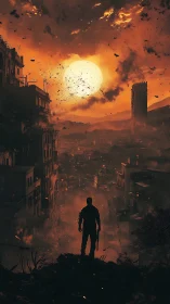 Silhouetted figure observes ruined city under dense orange sky