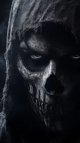 Hooded skeletal visage in high-contrast monochrome portrait