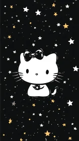 Starlit cartoon kitten quietly drifts through midnight space