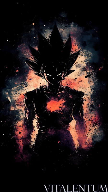 Fiery anime warrior rising through shadows and cosmic sparks.