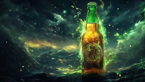 Glowing beer bottle rises in a stormy, neon cosmic landscape