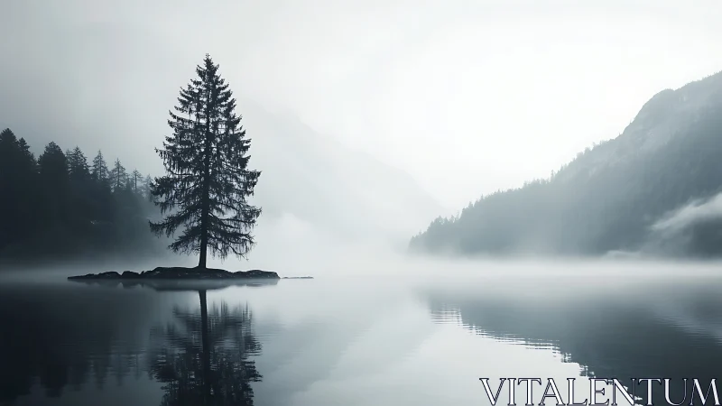 Solitary pine tree rises over misty alpine lake at dawn.