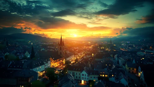 Golden evening glow over a storybook European town.