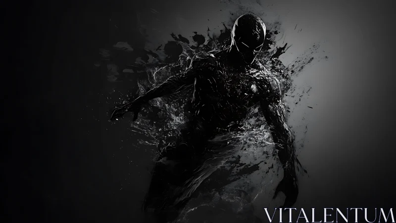 Shadow figure emerges from splintered liquid darkness