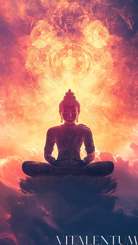 Radiant lotus stillness beneath a blooming sky of light.