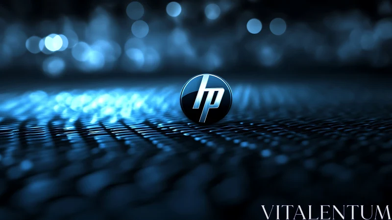 Sleek metallic tech logo on luminous bokeh grid surface.