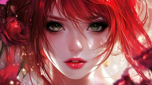 Red haired female portrait with floral accents and light effects.