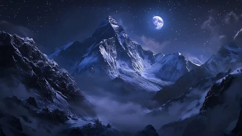 Nocturnal alpine massif under moonlit atmospheric perspective.