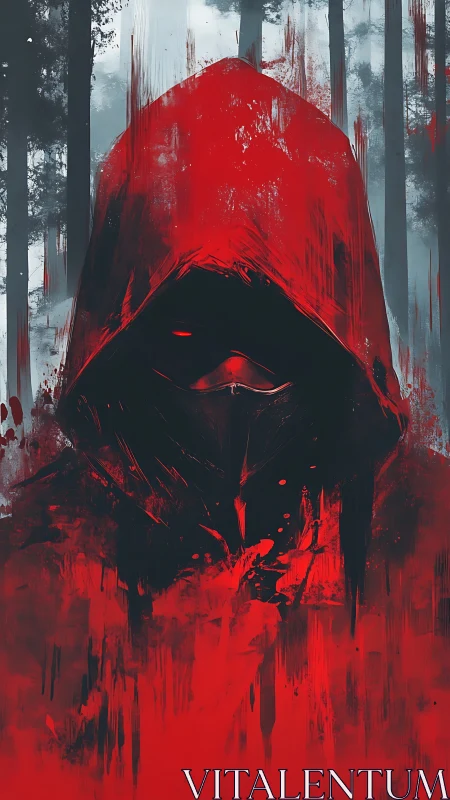 Red hooded wraith in abstract forest, high contrast palette