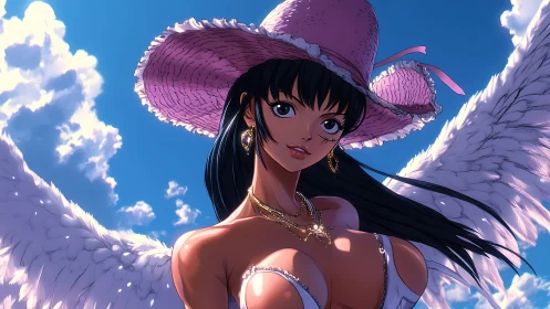 Winged anime woman in sunlit sky with pink summer hat