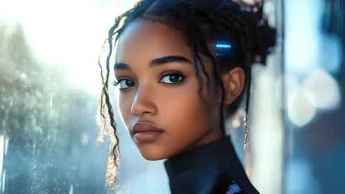 Cybernetic girl gazes through light with calm futuristic poise