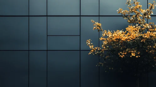 Golden autumn tree contrasts with dark modern facade.