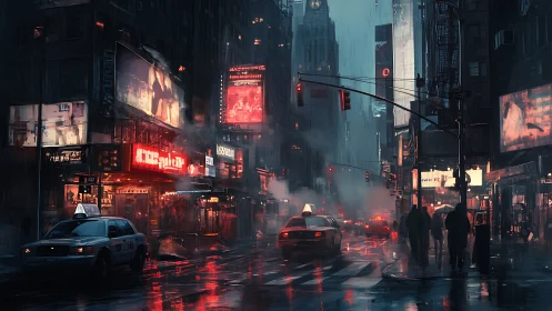 Rain-soaked neon city street pulses with cinematic tension.