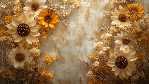 Golden Daisies and Dried Flowers on Weathered Textured Background
