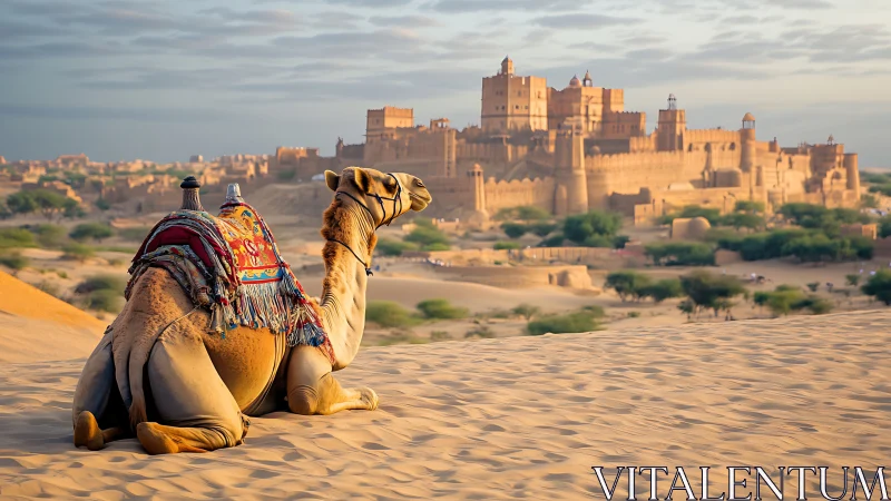 Golden desert camel contemplates an ancient sandcastle fort