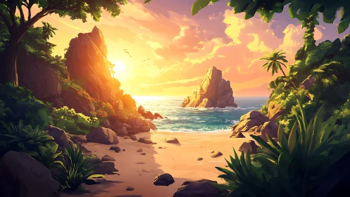 Tropical Sunset Beach Cove Surrounded by Dramatic Rock Formations.