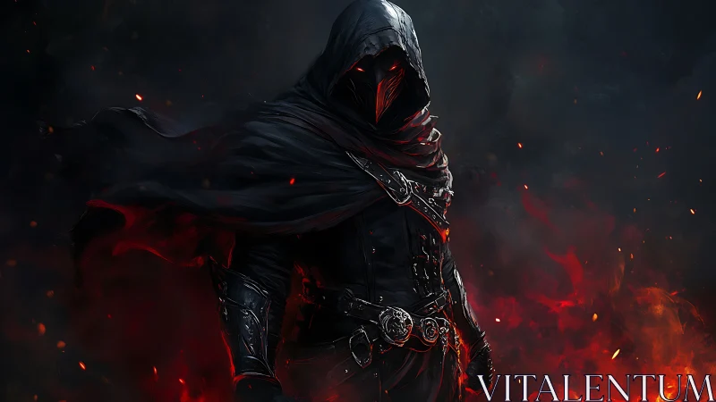 Hooded armored figure stands amid red embers and smoke