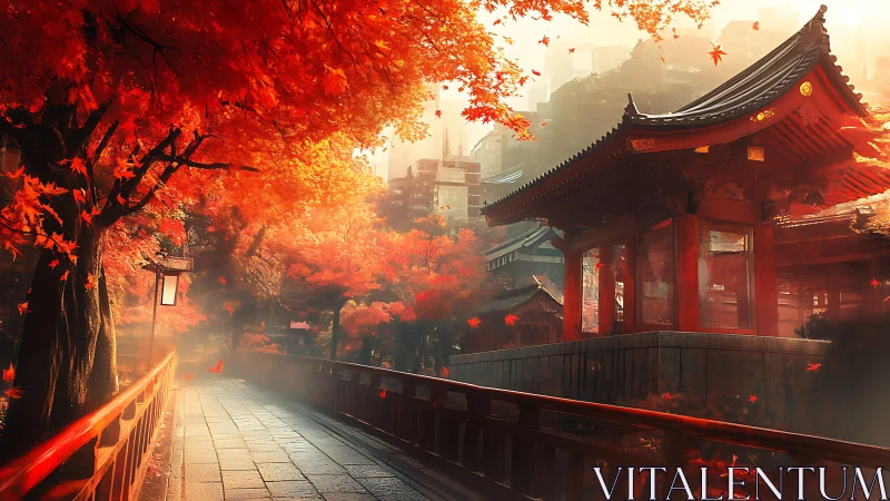 Autumn temple walkway glows under dense crimson maple canopy